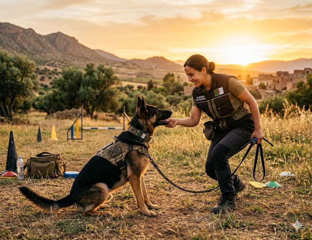 Professional dog trainer working with a German Shepherd in an outdoor setting in Algeria, vibrant amber and green colors, modern training equipment, golden hour lighting, 520x400 pixels